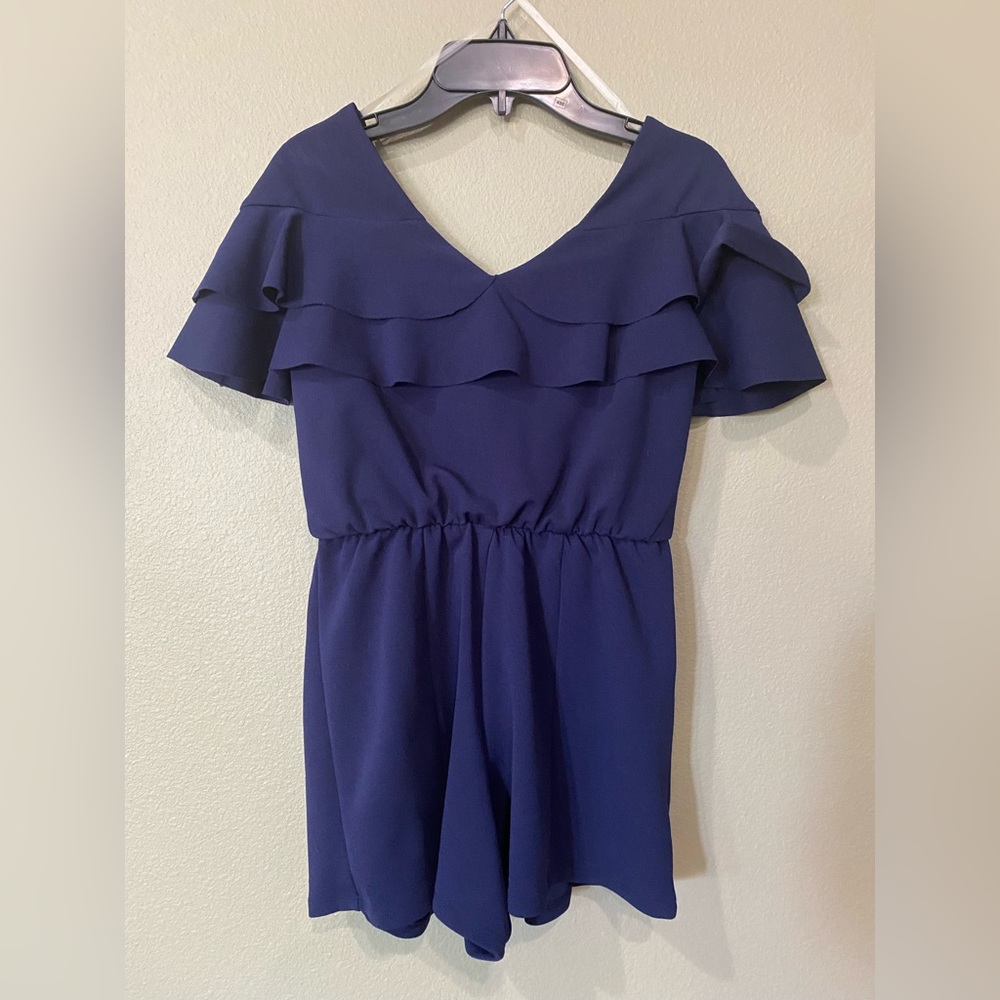 NWT Maddie (Navy ruffled top romper)